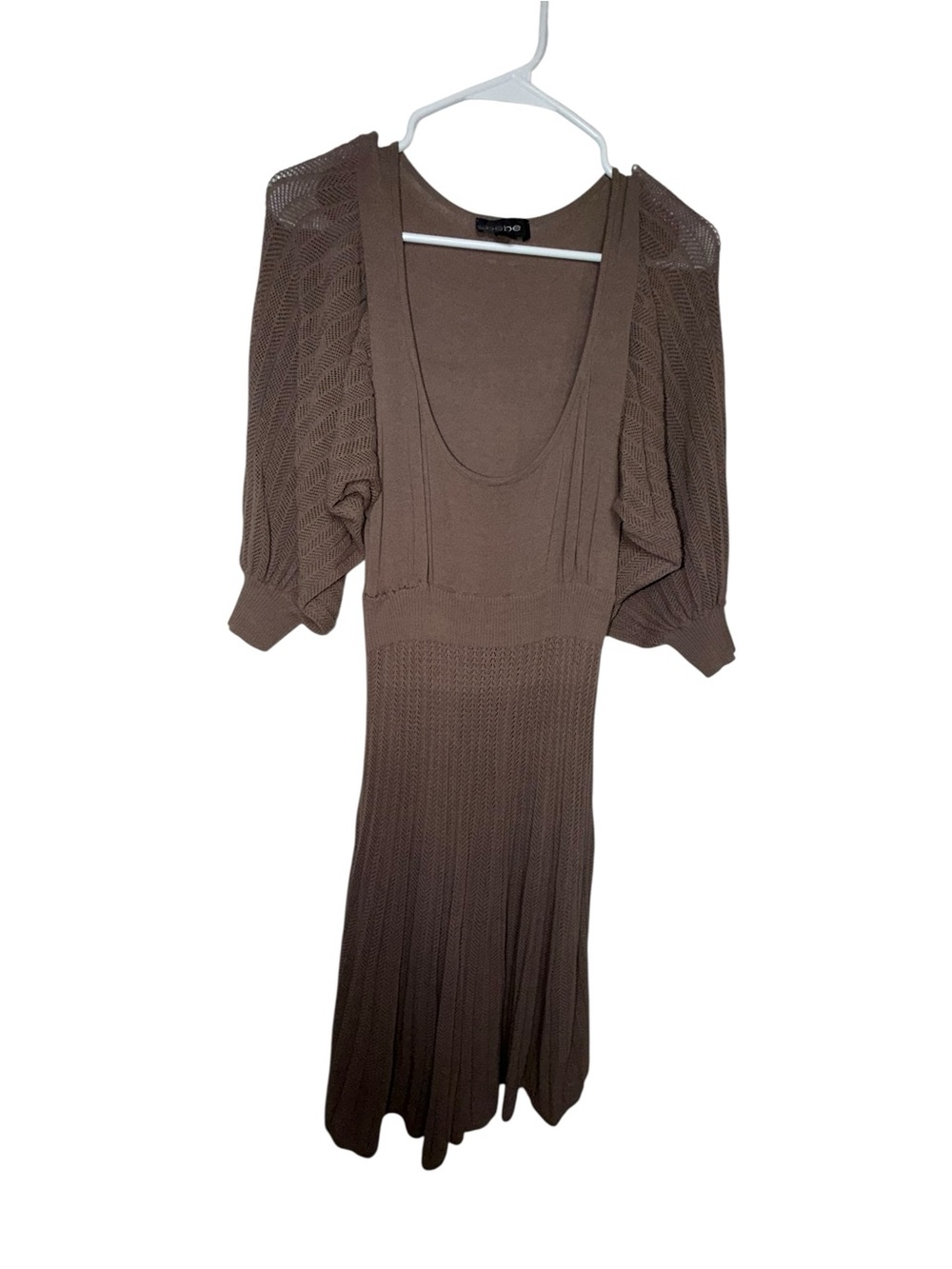 bebe Brown Knit Midi Dress with Puff Sleeves